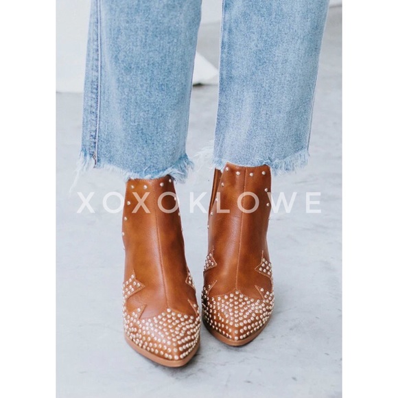 MATA Tan Western Gold Studded Ankle Boots Vegan Leather - Picture 7 of 13